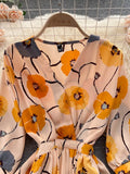 Women Flower Printed Midi Dress Spring Autumn Elegant V-Neck Slim Vestidos Casual High Waist A-Line Bohemian Robe