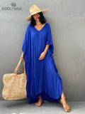 Solid Plus Size Long Kaftan Casual V-neck Robe Summer Batwing Sleeve Woman Clothing Side Split Beachwear Maxi Dress