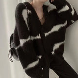 for Women Stripe Patchwork V-Neck Oversized Cardigan Loose Lazy Coats Woman Winter 2021 Korean Fashion Cardigan