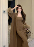 and Winter New Women's Casual Cardigan Long Loose Knitted Jacket Women's Solid Color Two-piece Sweater Jacket