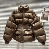 2022 Winter New Arrival Long Fluffy Sleeve Stand Collar Slim Waist Brown Warm Cotton Coat Women