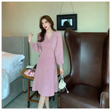 Solid Long Sleeve V-neck Elegant Dress Women Double Breasted Office Slim Knit Dress 2023 Spring Autumn Ladies