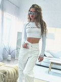 Style Short-Style Long-Sleeved T-Shirt Letter Printing Tight Body Thin Design Top Inside And Outside