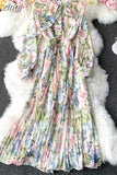 Autumn Bohemian Floral Pleated Long Dress Women Elegant Bow Collar Puff Sleeve Draped Chiffon Vestidos Female Party