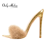 Onlymaker Peep Toe Mules Artificial Fur Slip On Gold White Thin High Sandals Big Size High Quality Summer Women Brand