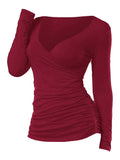 Women Black Ruched Plunging Long Sleeve T Shirt Autumn Spring V Neck Casual Solid Female Tops Tees