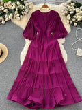 Vintage Women Pleated Long Dress Elegant V-Neck Puff Short Sleeve High Waist A-Line Ruffle Draped Big Swing Maxi Robe