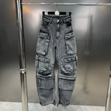 2022 Winter New Collection Multi Pockets Punk Style Denim Cargo Pants Women Wide Leg Jeans