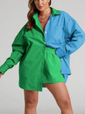 Spring and Summer Splicing Leisure Two-piece Women's Long-sleeved Lapel Shirt Shorts Loose Fashion Suit Street Women's