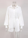 White Elegant Jacquard Fabric Soft Vacation Suits Women Long Sleeves Shirts And Hot Pants Two Pieces Outfits