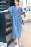 Korea Fashion Summer Puff Sleeve Women Denim Cardigan Dress Ladies Womens Loose Dresses Casual Cardigans Cotton Long