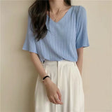 V-Neck Knitted Short-sleeved T-shirt Summer Korean Version 2022 New Loose And Thin Short All-match Bottoming