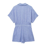 2023 Woman Short Playsuit Blue Striped Summer Woman Jumpsuit Short Sleeve Women Jumpsuits Casual Loose Women's