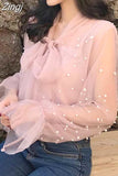 Gauze Bow Beading Pink White Blouse 2023 Summer Women Solid Chiffon Shirt Female Blouses Top Office Shirts Blusas 4323