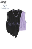 Women's Patchwork Sweater Knitted Vests Loose Casual Female Hip Hop Gothic Streetwear Harajuku Vintage Trendy Asymmetry
