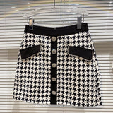 2022 Summer New Design Single Breasted Buttons Rhinestone Black White Plaid Short Mini Skirt Women