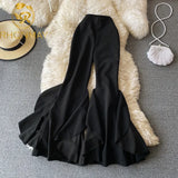 New Fashion Ruffle Flare Pants Black Women Bodycon High Waist Bell-Bottoms Pant Chic Solid Color Trouser