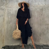 Solid Plus Size Long Kaftan Casual V-neck Robe Summer Batwing Sleeve Woman Clothing Side Split Beachwear Maxi Dress