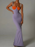 Patchwork Spaghetti Strap Maxi Dress For Women 2022 Summer Backless Sleeveless Split Elegant Bodycon Long