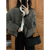Vintage Tweed Jackets Women Striped Cropped Coat Korean Elegant Single Breasted Loose Casual Chic Short Outwear Tops