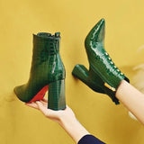 Style Womne's High Heeled Ankle Boots,Autumn/Winter Shoes Female Snake Pattern Patent Leather Short Boot Black