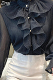 Stand Collar Chiffon Lace Shirts Korean Ruffles Stitching Elegant Button Blouse Woman Long Flare Sleeve Loose Tops