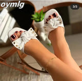 slippers women's 2022 summer new large size personality pleated flat bottom all-match bow one word sandals slippers