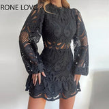 Women Elegant Solid Lace Hollow Out Lantern Sleeves Ruffle Hem Mini A-line Black