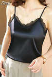 Silk Women Blouses Tops Woman Satin Lace Blouse Shirts Women Sleeveless V-neck Shirt Top 2023 Woman White Top