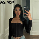 Cyber Y2K Streetwear Patchwork Front Hook Closures Corset Tops 90s Fashion Sexy Square Collar Long Sleeve Mesh