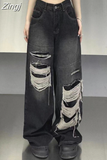 Street American Vintage Denim Pants Distressed Y2k Straight Jeans Women Wide Leg Hip Hop Grunge Raw Edge Hole Jean