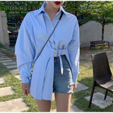 Fall 2020 Women Long Sleeve Blouse Blue Button Up Collar Korean Shirt With Belt Causal Top Fashion