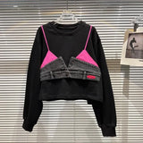 2022 Autumn New Arrivals Long Sleeve Round Neck Denim Vest Patchwork Fake Two Piece Sweatshirt Women Pullover
