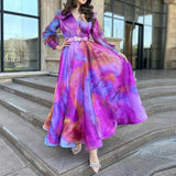 Women Casual Swing Boho Dresses Vintage Tie-dyed Printed Chiffon Dress Fashion V-neck Lantern Sleeve Holiday Long