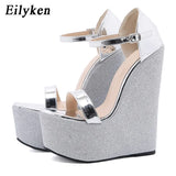 2023 New Fashion Silver Thick Bottom Platform Wedge Woman Sandals High Quality Patent Leather Ankle Buckle Strap