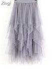 Women Sweet Midi Spring And Summer High Waist Solid Asymmetrical Elegant Chic White Mesh Tulle Skirts