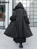 Spring Autumn Long Oversized Black Trench Coat with Hood Dark Academia Aesthetic Luxury Designer Clothes for Women
