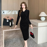 Autumn New V-neck Black Velvet Midi Dresses for Women Korean Elegant Fashion Evening Party Prom Long Sleeve Female