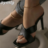 summer new style square head cross strap stiletto heels women's solid color sandals and slippers 43 large