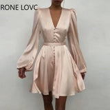 Women Plain Puff Sleeve Ruched Button Front Party Sexy Dress Elegant Fashion