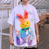 Cute Rainbow Rabbit Graffiti T Shirts Men Women Oversized Short Sleeve Casual Tops Harajuku Street Kawaii Graphic