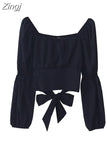 New Women Simple Cropped Tops Pleated Slim Sexy Female Long Puff Sleeve Bandage Bow Square Collar Vintage All-match
