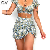 Floral Women Summer Skirt 2-Piece Set Skirt 2022 New Backless Lace-up Hollow Ruffle Sleeves Short Tops Mini Skirt