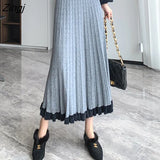Knit Long Midi Pleated Skirt Women 2022 Winter Warm Korean Fashion Elegant High Waist A Line Skirt