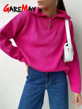 Women's Zipper Sweater Polo Oversized Pink Soft Knitted Sweaters Pullover Female Loose Thermal Sweaters for
