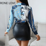 Women Bird Scarf Print Long Sleeve Shirt Blouse Spring Tops and