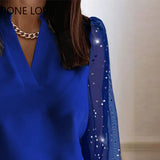 Women Chic Solid Long Lantern Glitter Sleeves V Neck Basics Blouse Blue Working