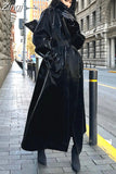 Spring Autumn Extra Long Oversized Cool Reflective Shiny Black Paten Leather Trench Coat for Women Belt Runway