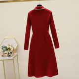 Winter New Knitted Bottoming Dress for Women High-end Temperament Lapel Long Sleeve Button Deco A-line Sweater Long