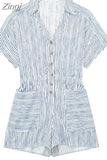2023 Woman Short Playsuit Blue Striped Baggy Summer Jumpsuit For Women Fashion Pockets Short Sleeve Women's Loose